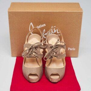 Christian Louboutin Taupe Canvas Circonvolu 120 Platform Slingback Heels Size